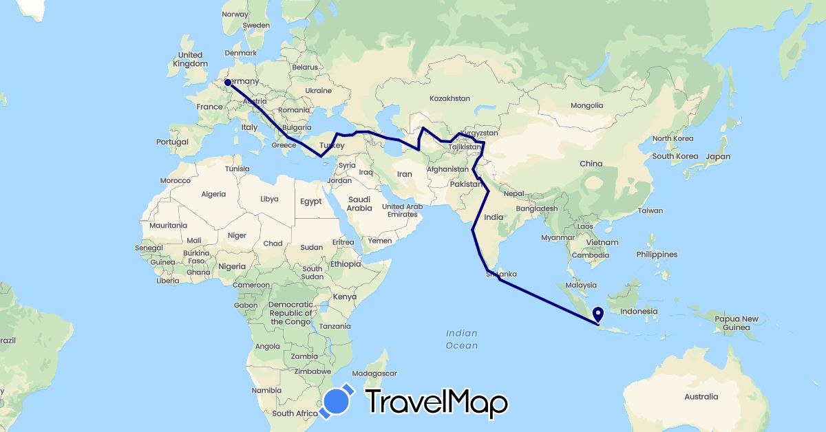TravelMap itinerary: driving in Azerbaijan, China, Germany, Georgia, Greece, Croatia, Indonesia, India, Kyrgyzstan, Sri Lanka, Pakistan, Serbia, Turkmenistan, Turkey, Uzbekistan (Asia, Europe)